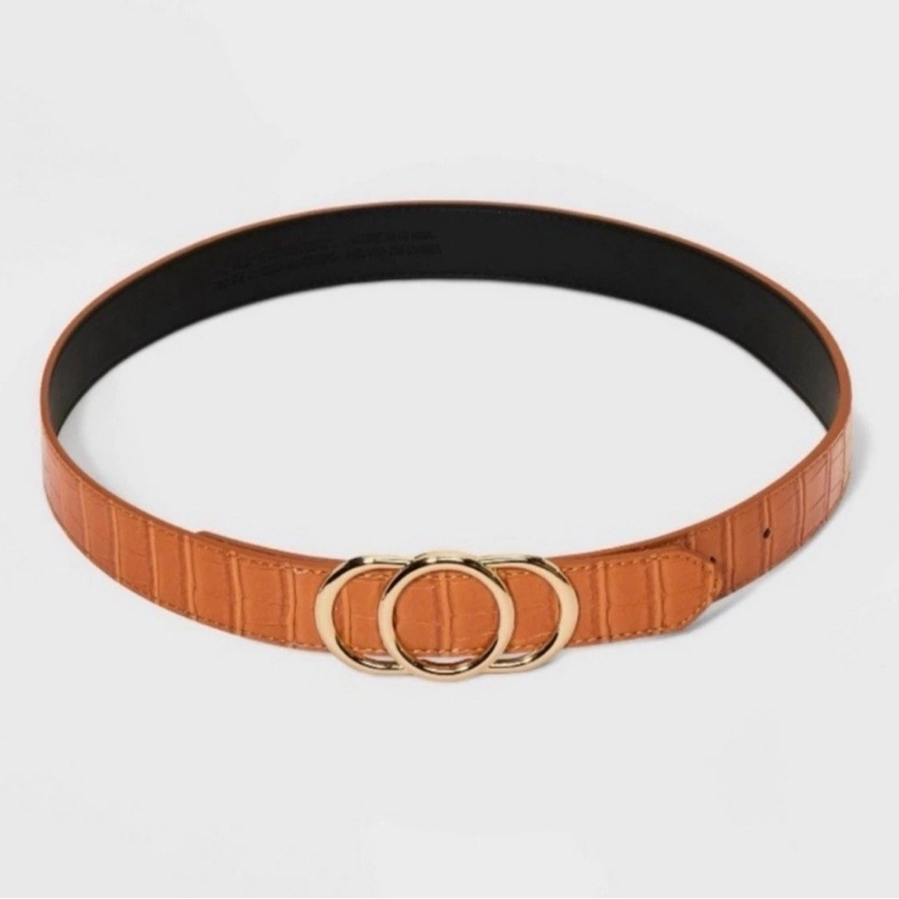 A New Day Womens XL Cognac Belt Gold Double Ring Buckle Tan Waist Belt - Picture 3 of 8
